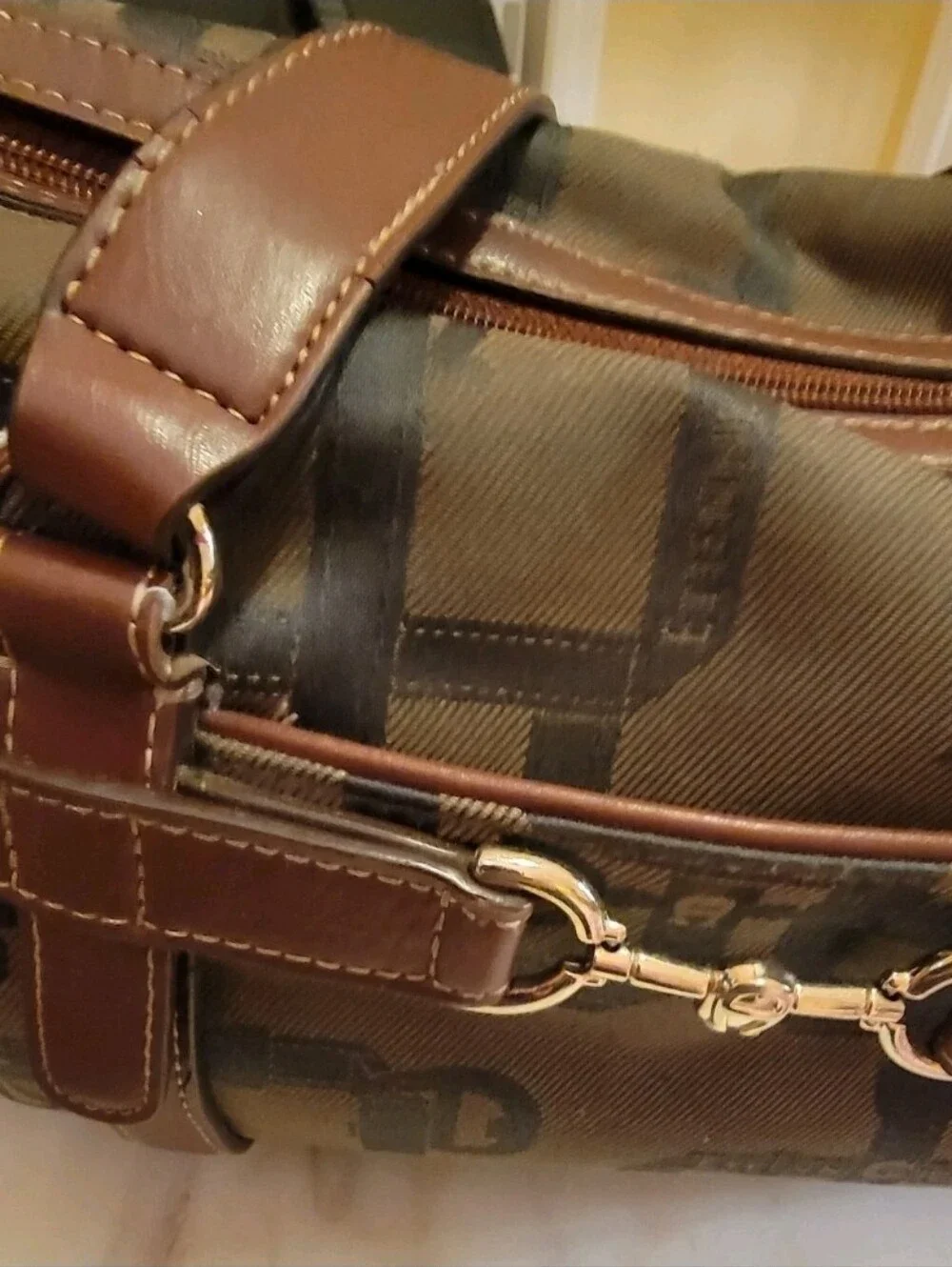 Etienne Aigner Signature Monogram Canvas Satchel Bag | Brown Trim | Gold